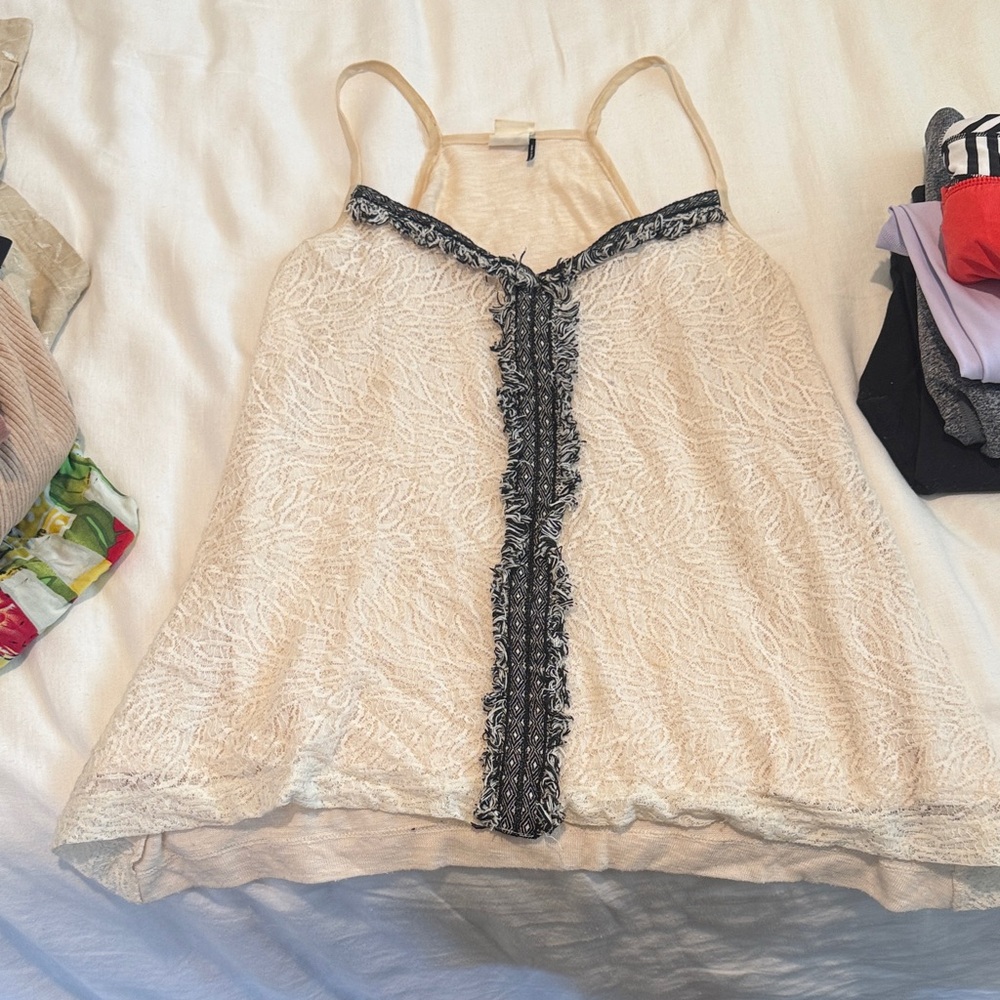 Anthropologie Lace Trim Cream Camisole with Black Accent